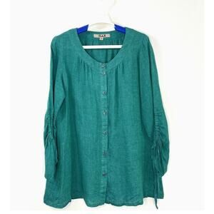 Flax Button Front Shirt Tunic Linen Green Lagenlook Size P (4-6) Ruched Sleeves
